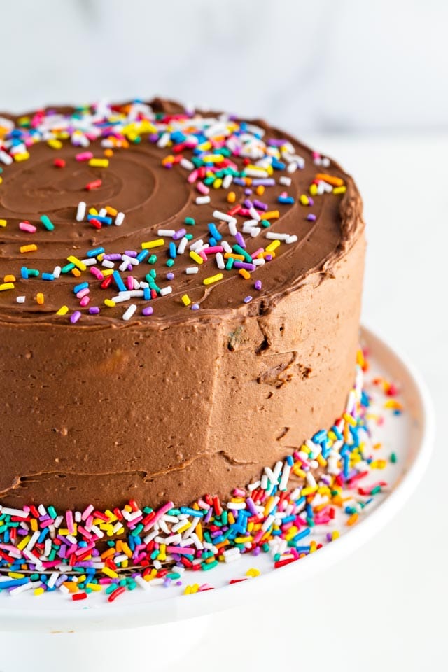Chocolate frosting birthday cake with rainbow sprinkles on white cake stand