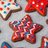 chocolate star sugar cookies with red white and blue frosting