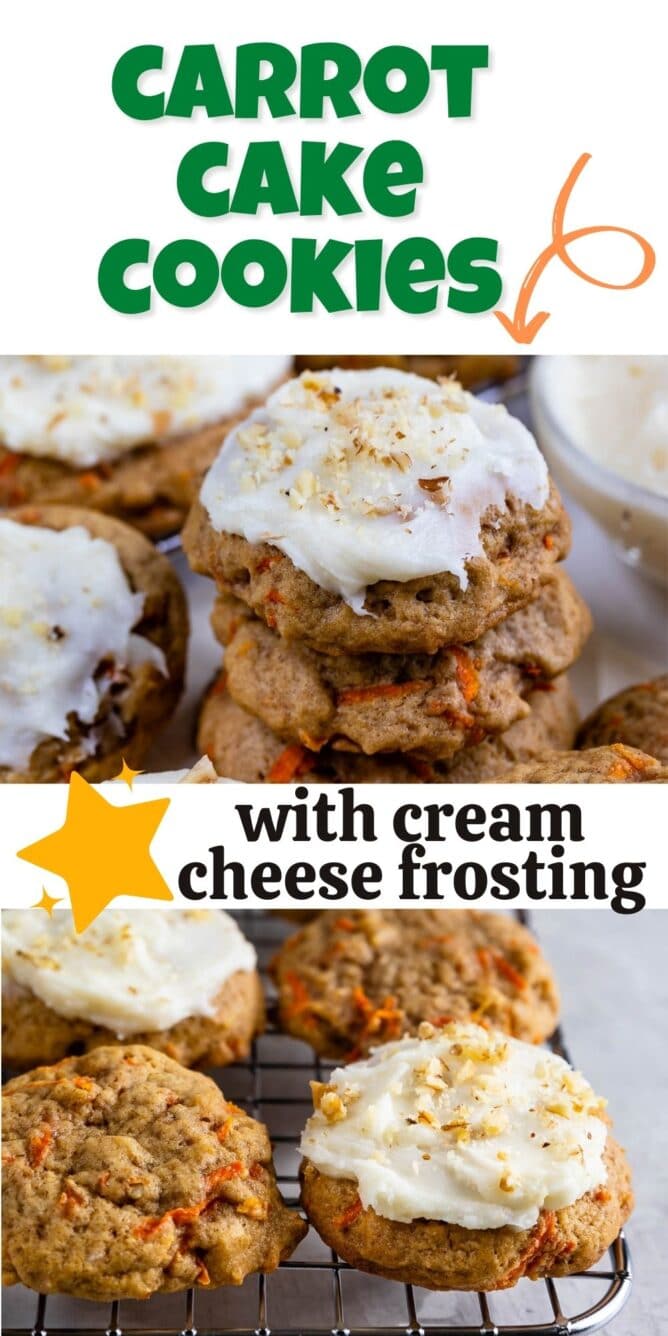 Photo collage of carrot cake cookies with recipe title on top of images