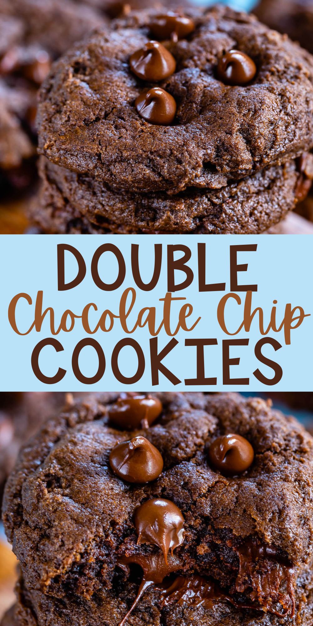 two photos of stacked chocolate cookies with chocolate chips baked in with words on the image.