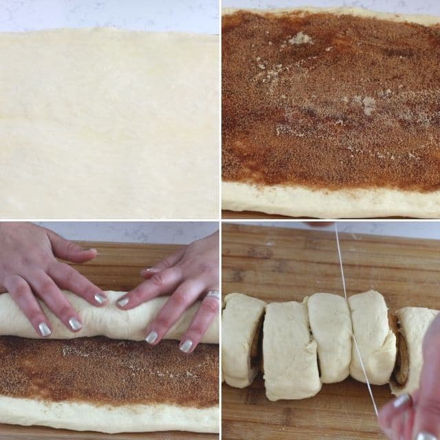 collage of 4 photos filling, rolling, and cutting cinnamon rolls