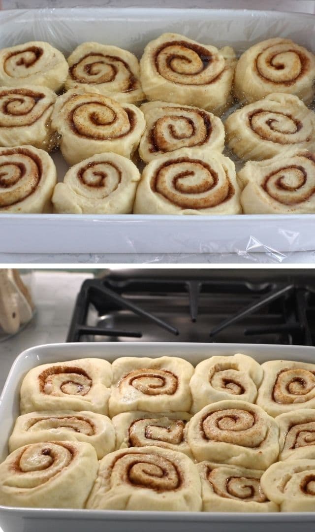 collage of cinnamon rolls before and after rising