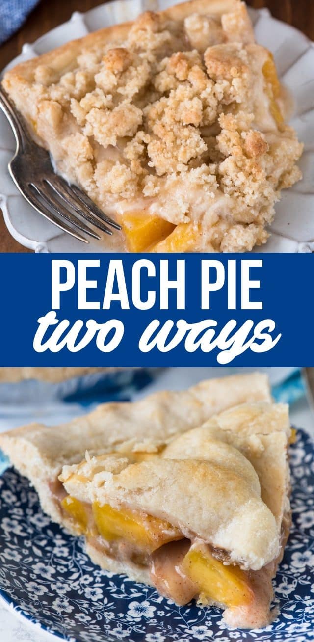 collage of peach pie recipe photos