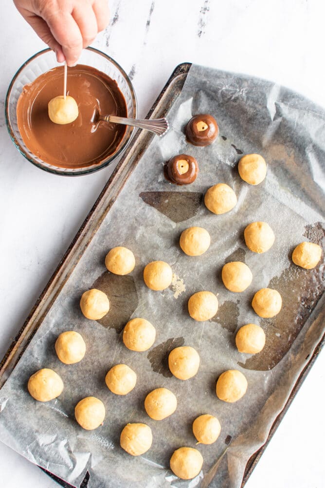 Overhead view of peanut butter balls being dipped in chocolate and placed back on sheet pan
