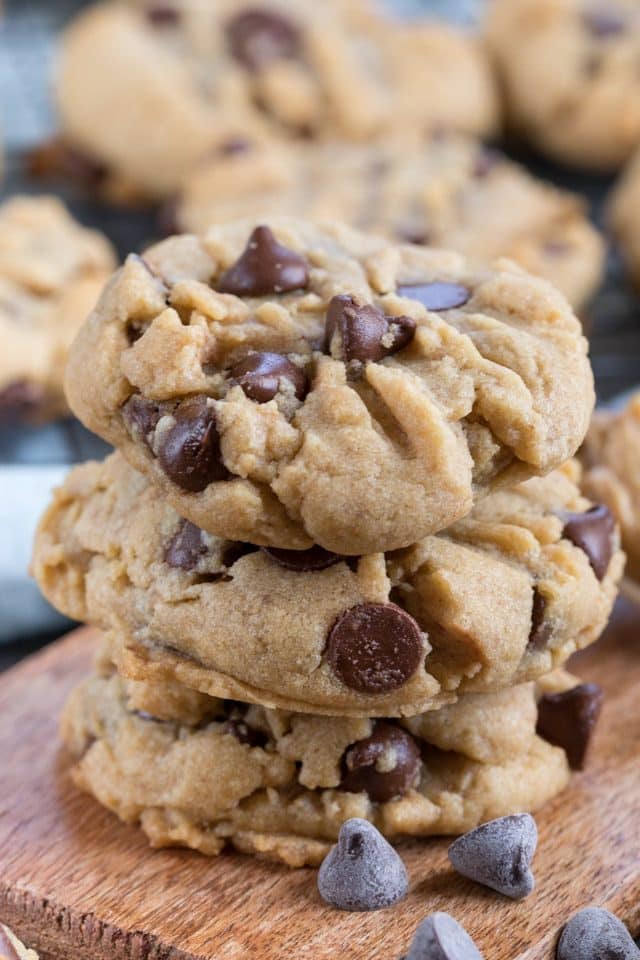 peanut butter chocolate chip cookies in a stack