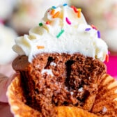 chocolate cupcake in purple wrapper with vanilla frosting and colorful sprinkles.