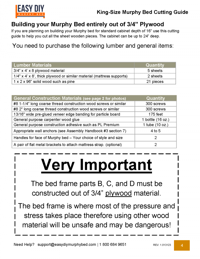 King size items list for materials